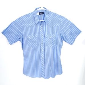 VINTAGE Wrangler Pearl Snap Shirt Mens Large Blue Short Sleeve Western Stripe